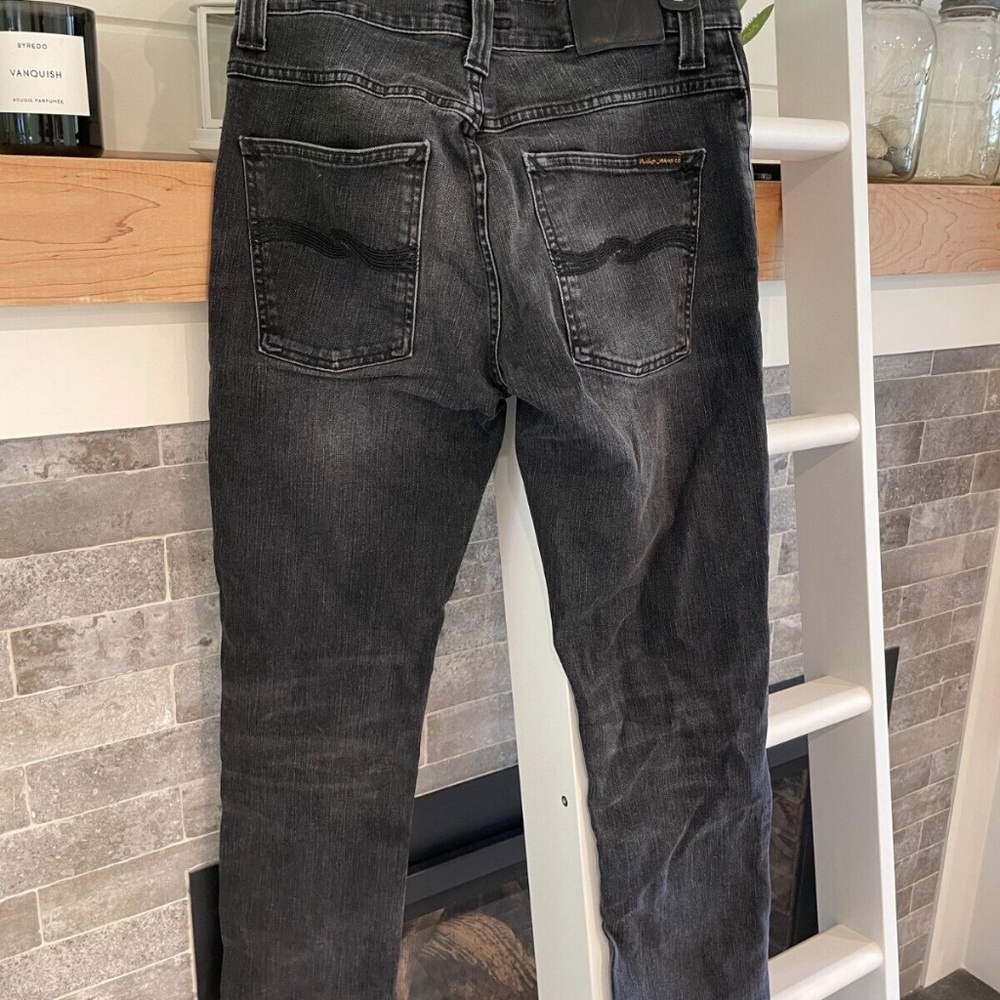 NUDIE JEANS GRIM TIM SIZE 31 X 30 GRAY/BLACK COTTON-STRETCH BUTTON FLY JEANS